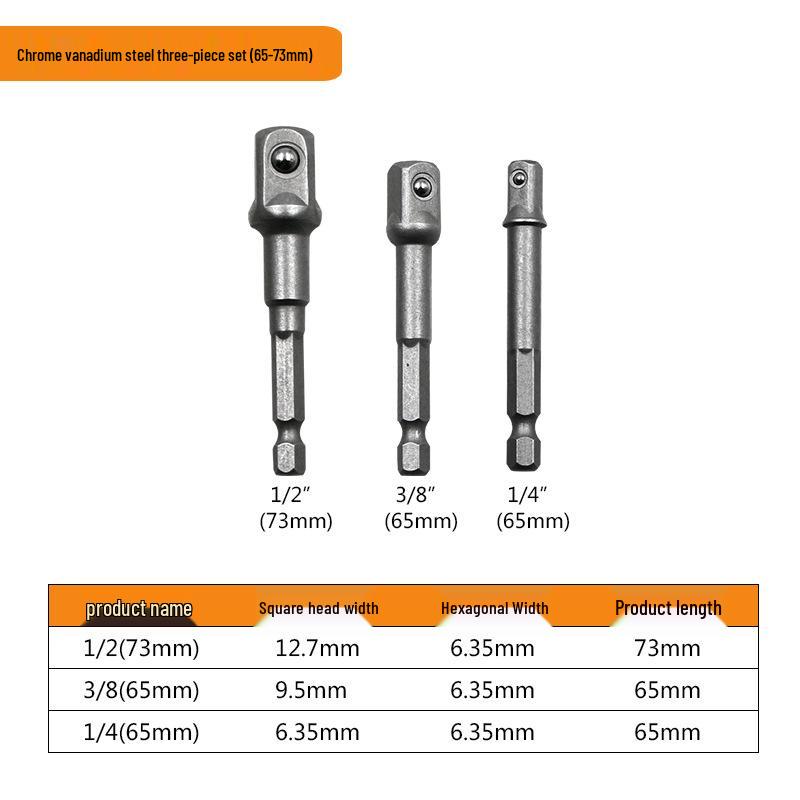 Hex Handle To Square Head Socket Adapter for 1/4, 3/8, 1/2 Air & Electric Screwdrivers