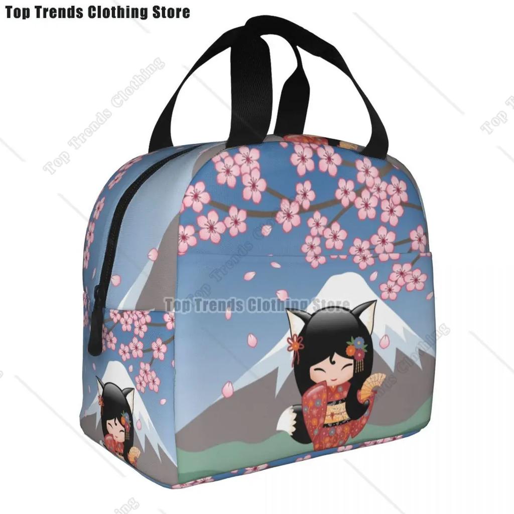 Japanese Keiko Kokeshi Doll Insulated Lunch Bag Cute Design Kimono Geisha Dolls Girls Cooler Thermal Bento Box Lunch Boxes