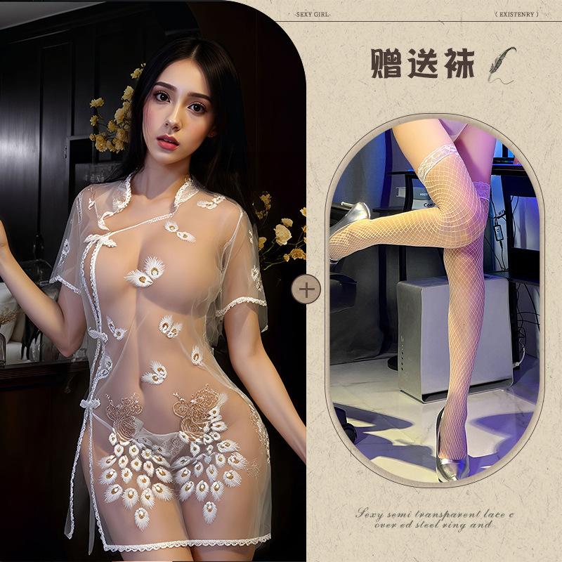 Embroidery embroidery erotic underwear sexy perspective temptation pure desire pajama set Republic of China cheongsam set