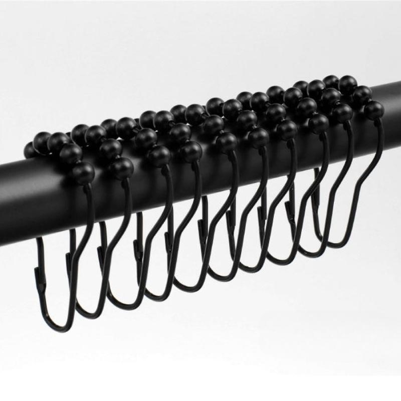

12/30/50pcs Stainless Steel Curtain Hooks 5 Rollers Polished Satin Nickel Ball Bath Curtain Rollerball Shower Curtain Ring Hooks (Black,12pcs)