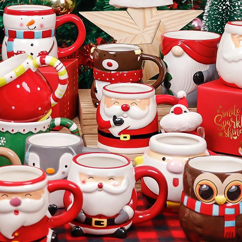 3D Santa Hand Painted Ceramic Mug with Handgrip Coffee Milk Tea Cup Christmas Holiday Cartoon Kitchenware Christmas Gift