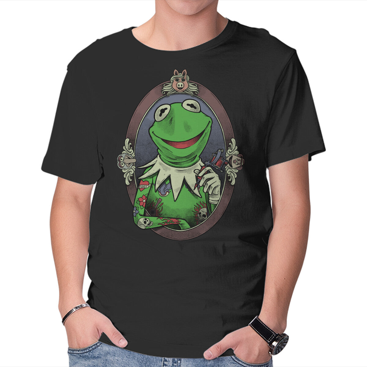 Unisex Crew Neck T-Shirt Tattoo Puppet Frog Graphic Short Sleeve Casual Tee S