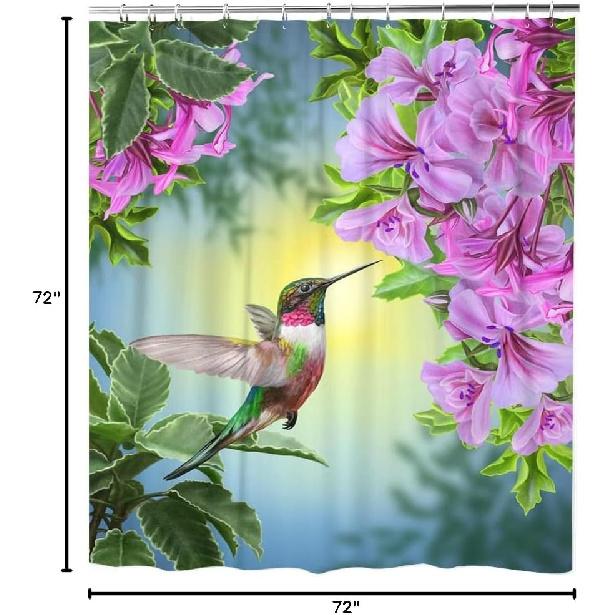 LOKMU Shower Curtain Hummingbirds and Flowers Waterproof Machine Washable Fabric Bathroom Decor Bath Curtains with Hooks 72 x 72 Inches