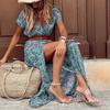 Women's Boho Print Short Sleeve High Waist Patchwork V-neck Beach Holiday Slimming Dress