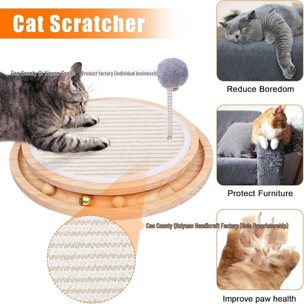 Double Layer Wooden Cat Scratching Post with Teaser Toy, Sisal Mat & Self-Amusement Ball