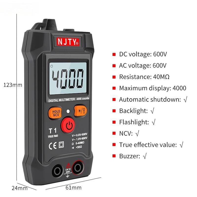 NJTY Professional Digital Multimeter Mini Auto Range Smart Multimetro 4000 Counts AC/DC Voltage Meter Resistance Tester