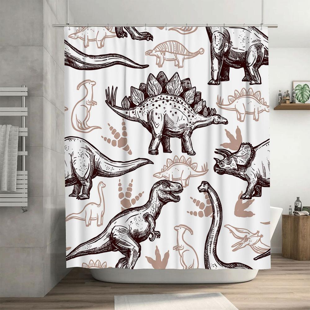 Vintage Illustration Dinosaur Shower Curtain for Bathroom Decor Brown Beige Color Scheme, Hang-Ring Included (240x180cm)
