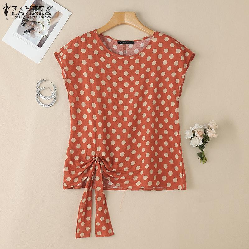 ZANZEA Damen Sommer Polka Dot Print Lässige Kurzarmbluse