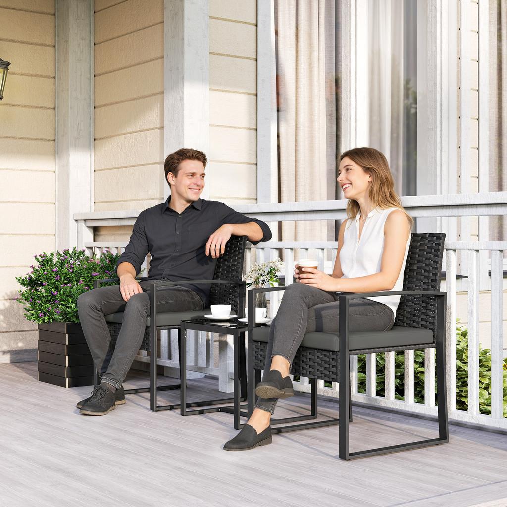 Rattan Bistro Set, 3-Piece Garden Furniture Set with 2 Garden Chairs, Coffee Table, Removable Cushions Dark Grey