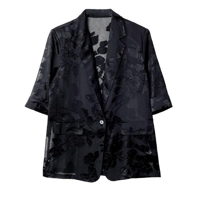 Women's Slim Cotton Tweed Suit Jacket with Floral Pattern and Lapel Design