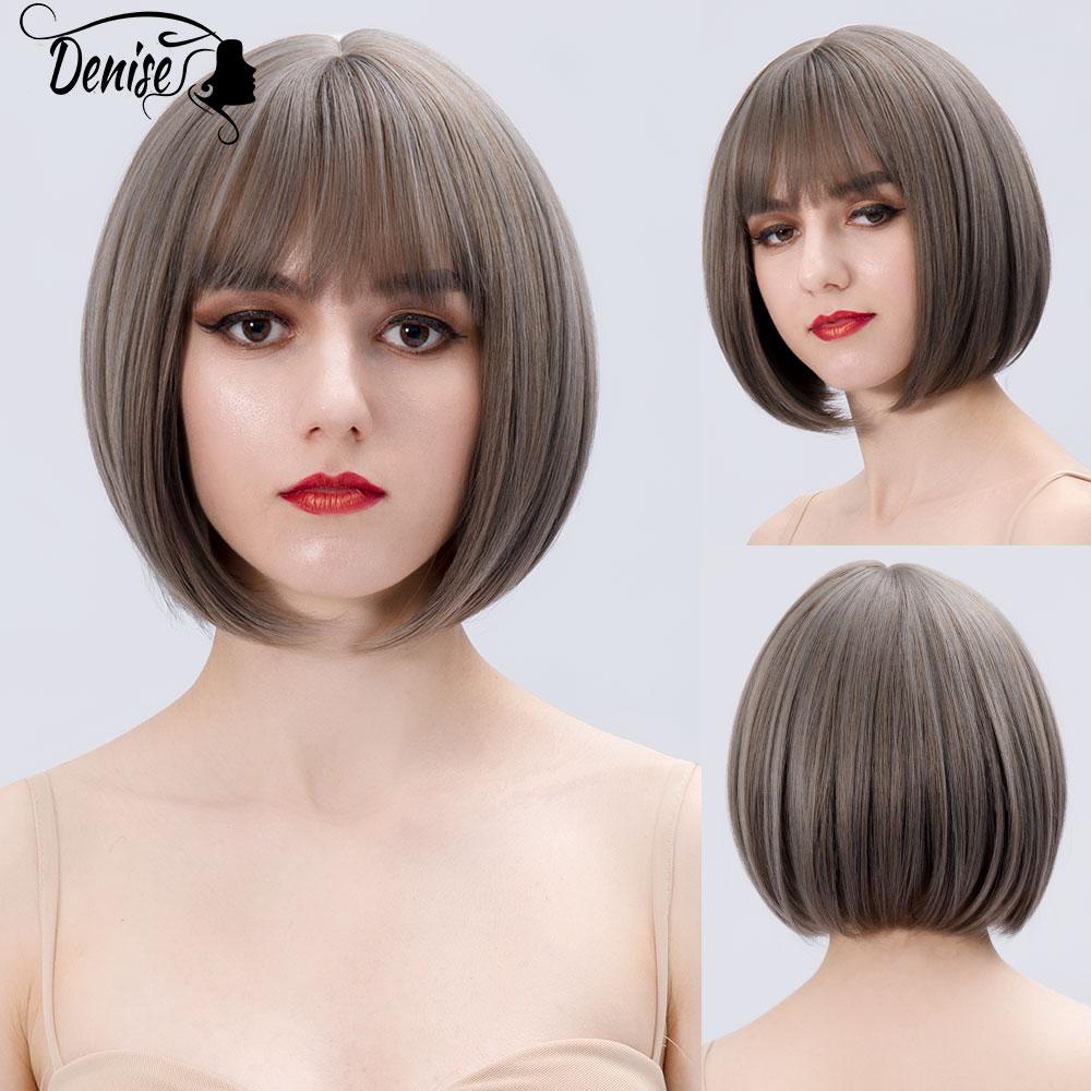 Bob Wig Straight Short Black To Blue Ombre Daily Synthetic Wigs For Women With Bangs Nutural  Heat Resistant Fiber Cosplay Hair
