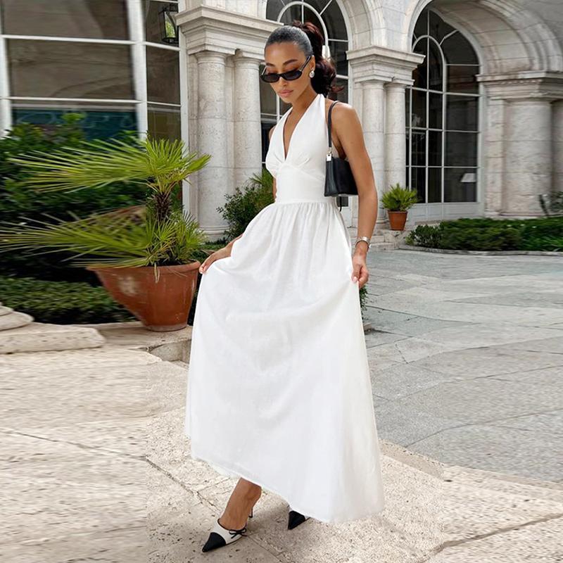 Bílé bavlněné halter šaty s výstřihem do V, sexy odhalená záda, dámské šněrovací A-line šaty, top v pase, velká sukně, módní plážové šaty na dovolenou, léto nové