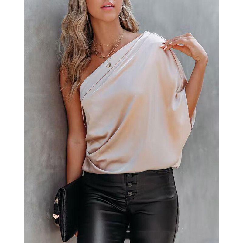 European and American-Style One-Shoulder Draped Satin Shirt