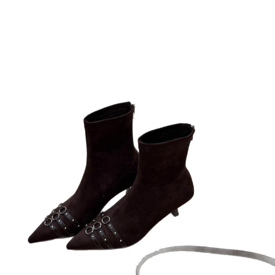 Pointed thin heel short boots women's suede rivets decorative temperament thin thin boots autumn and winter women's boots