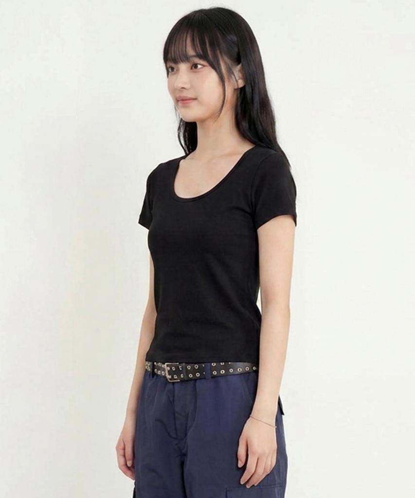 BASIC HOUSE Women'S Modal Spandex U-Neck Slim Fit Short Sleeve T-Shirt Black