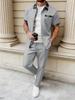 Men's Plaid Color Block Waffle Short Sleeve Cardigan Shirt & Long Pants Casual Set