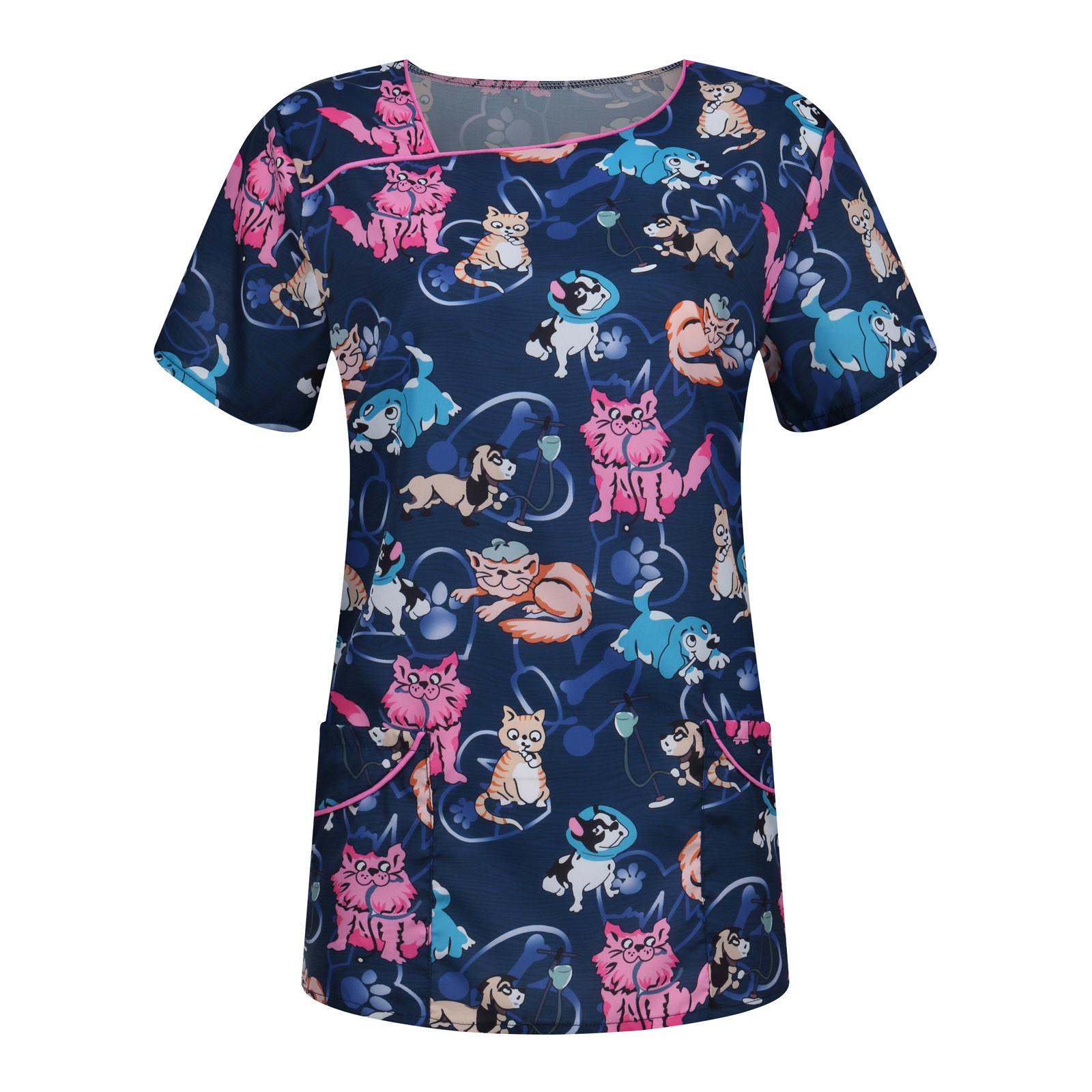 Women s Fashion Print V-Neck Short-Sleeved Pocket T-Shirt Nurses Clothing S