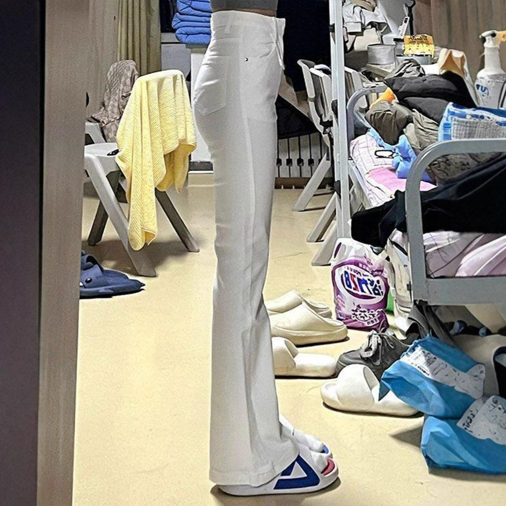 American retro micro-pull jeans women's high waist thin elastic babes small white pants flared floor pants