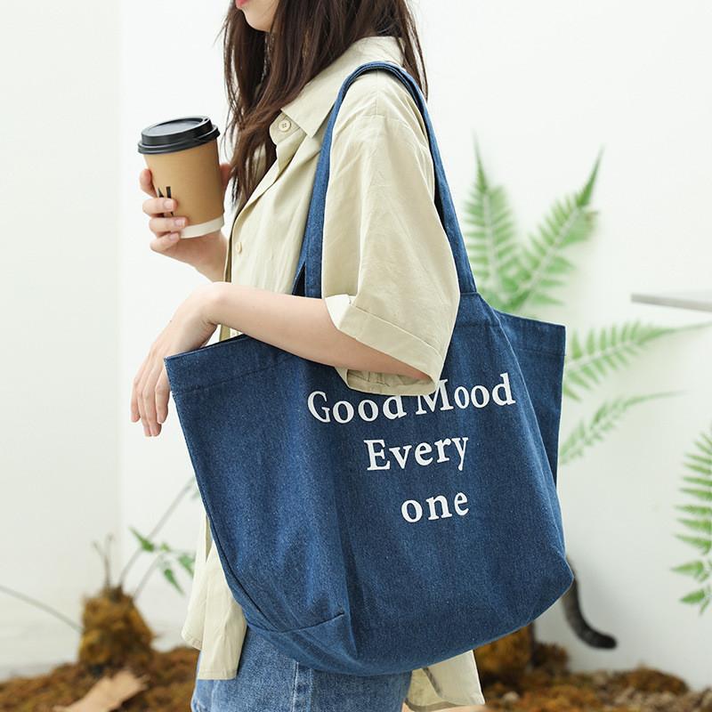 IELGY Japanese Retro Denim Handbag, Casual Printed Letter Shoulder Women's Bag
