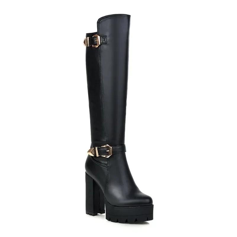 Women's Boots Autumn Winter New Style Fashion Belt Buckle Round Head Zipper Thick Heel High Heel High Boots