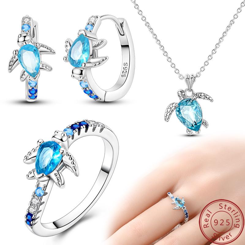 Women's 925 Silver Sparkling Blue Turtle Jewelry Set Earrings Necklace Ring Fine Birthday Gifts