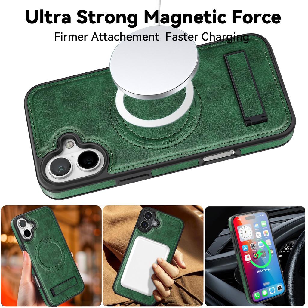 For iPhone 16 Case Compatible with MagSafe with Folded Kickstand PC Silicone Leather Phone Back Cover