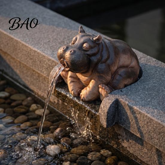 Weather Resistant Hippo Ornament Water Spitting Hippopotamus Figurine, Realistic Resin Statue, Animal Spraying Decor Fountain Sculpture for
