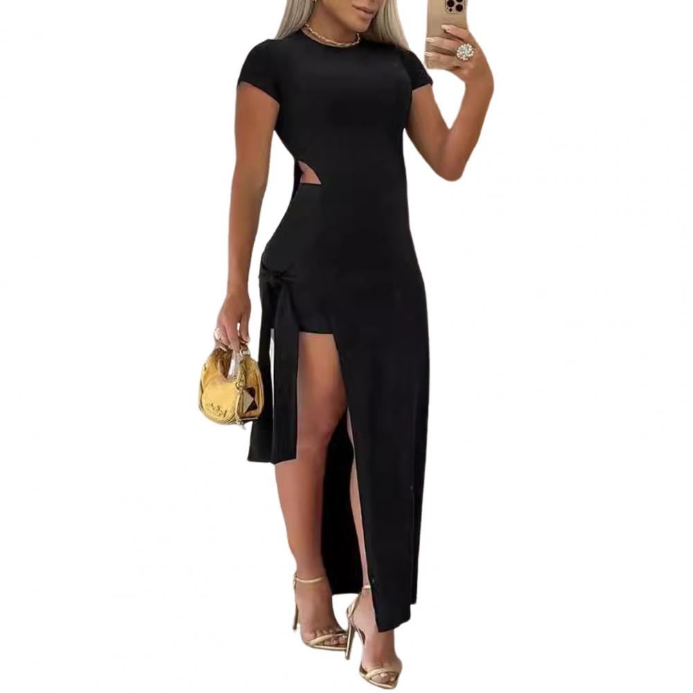 

Женское сексуальное платье макси, комплект с коротким рукавом, круглым вырезом, боковым разрезом, облегающее платье с коротким летним костюмом для вечеринок, повседневных клубов S чёрный