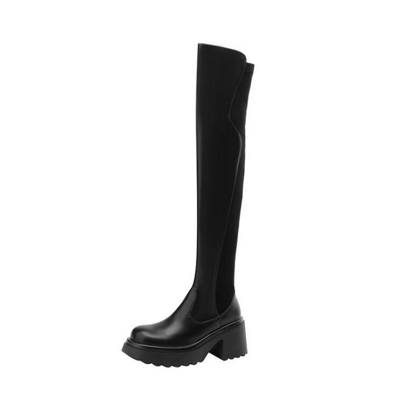 Korean Version of the New Knee Boots High Heel Large Size Women's Leather Boots Comfortable Side Zipper Women's Boots Autumn and Winter Square Heel