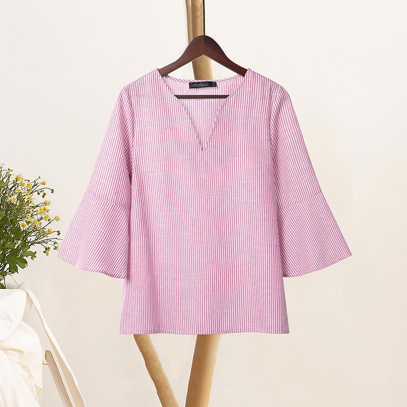 

ZANZEA Women Casual V-Neck Summer 3/4 Sleeve Stripe Blouse 5XL розовый