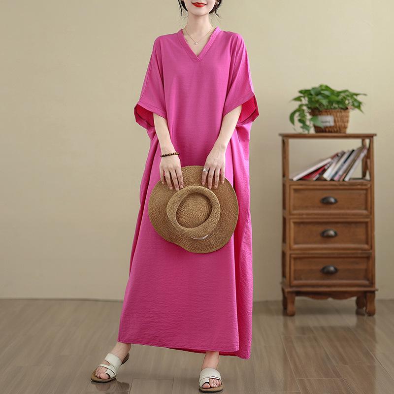 שמלת מקסי ארוכה רטרו מכותנה ופשתן עם צווארון V, פרחונית, לקיץ 2025