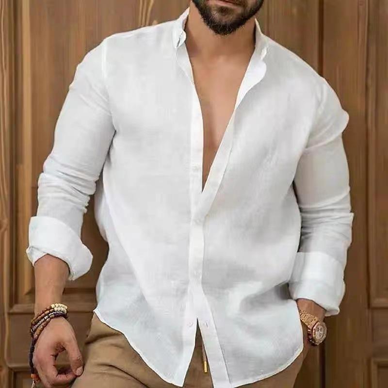 Men s cotton and linen shirt men s casual solid color lapel long-sleeved shirt jacket S