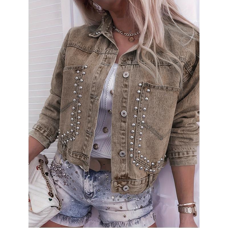 Giacca di Jeans da Donna con Decorazioni a Borchie OVERSIZE Manica Lunga con Revers Corta