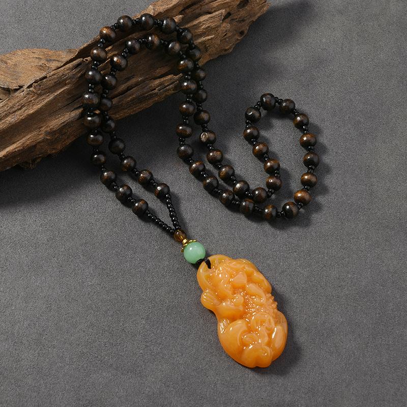 Wood Bead Beeswax Necklace No Matter Brand Pixiu Pendant Chicken Oil Yellow Amber Men's and Women's Long Sweater Chain Pendant