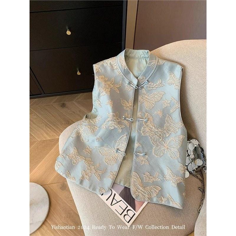 2025 New High-end Temperament Blue Butterfly Embroidered Vest Women's Disc Buckle Sleeveless Vest