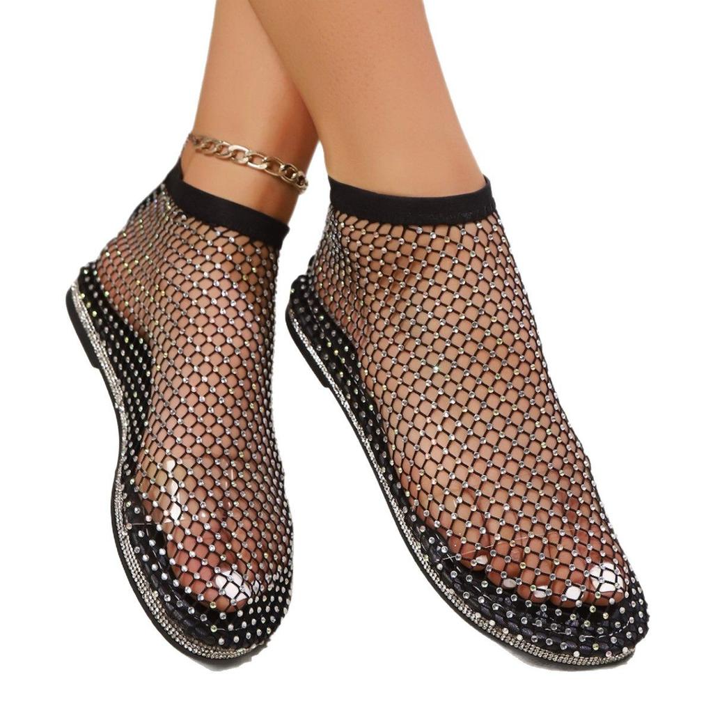 2025 summer independent station popular fishing net socks hollow low heel flat bottom rhinestone bottom sandals women's large size sandals