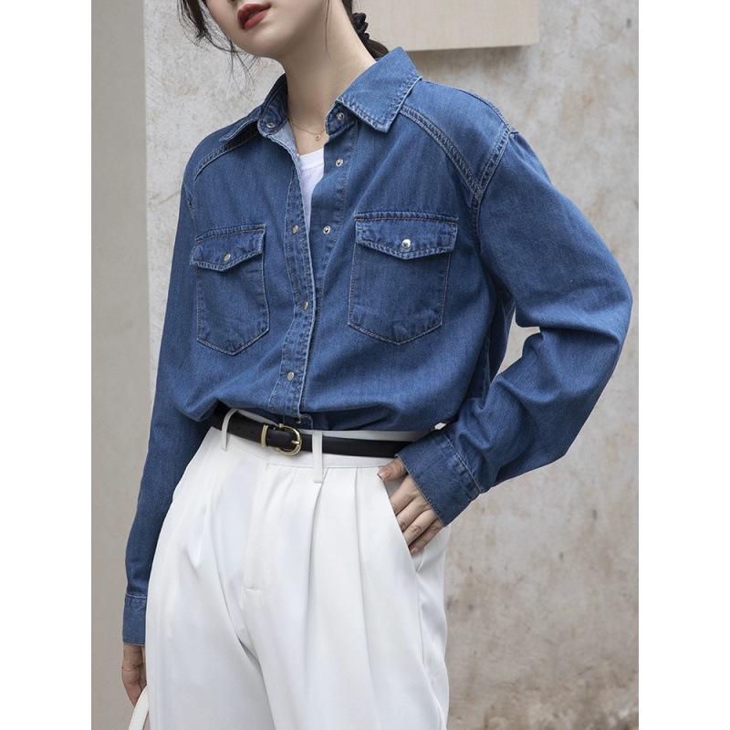 Chemise en jean rétro bleue pour femme petite - Printemps 2023, Haut à manches longues à superposer