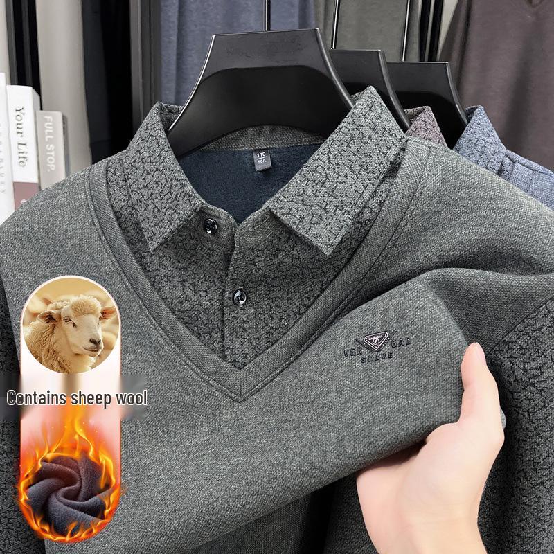 Herren Herbst/Winter Verdickter Samt Wolle Revers Zweiteiliger Lagenpullover für Mittleres und Älteres Alter