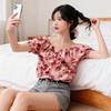 Short Sleeve Spice Girl Square Neck Rose French Retro Summer Short Sleeve Shirt Chiffon Shoulder Short Navel New