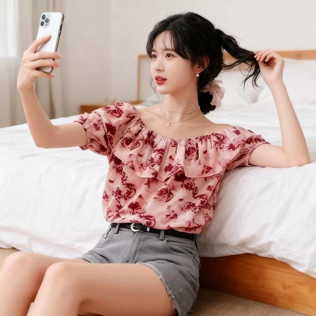 Short Sleeve Spice Girl Square Neck Rose French Retro Summer Short Sleeve Shirt Chiffon Shoulder Short Navel New