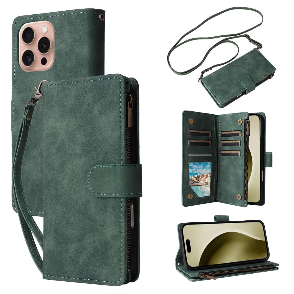 For iPhone 16 Pro Case Zipper Multi-Pocket Wallet Leather Phone Cover with Shoulder and Wrist Straps
