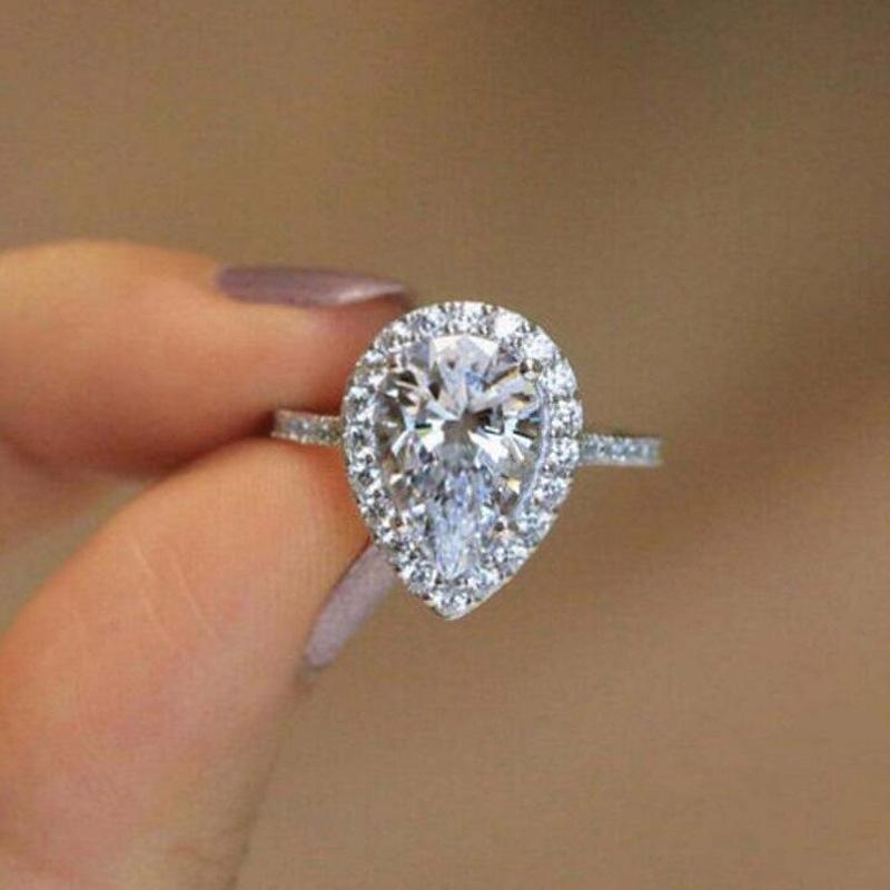 Temperament Luxury Shine Silver Color Geometry Water Drop Inlay Zircon Crystal Rings for Women Wedding Bride Charm Jewelry Gifts 8 серебряный