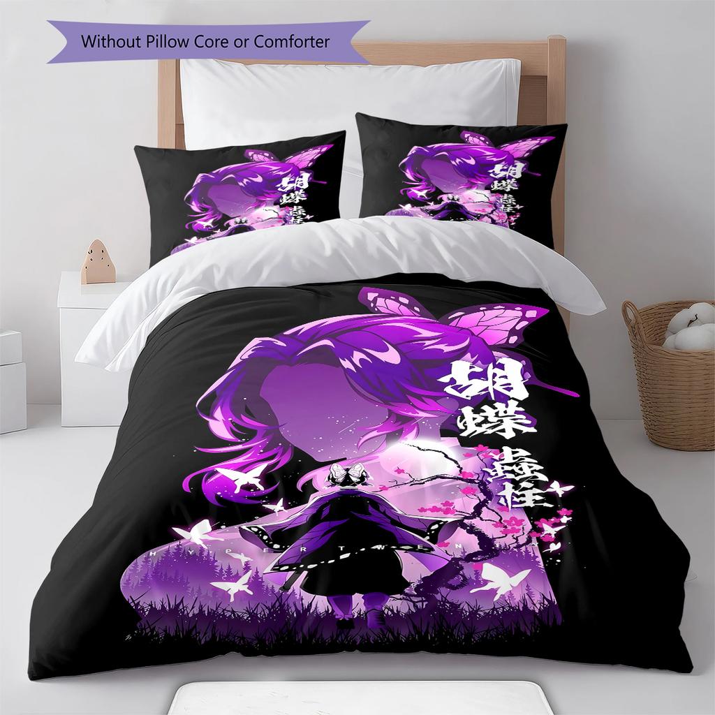 Demon Slayer Pattern Bedding,Quilt Set Quilt Cover Pillowcase Home Birthday Gift (1 * Duvet Cover + 2 * Pillowcase, Without Core)