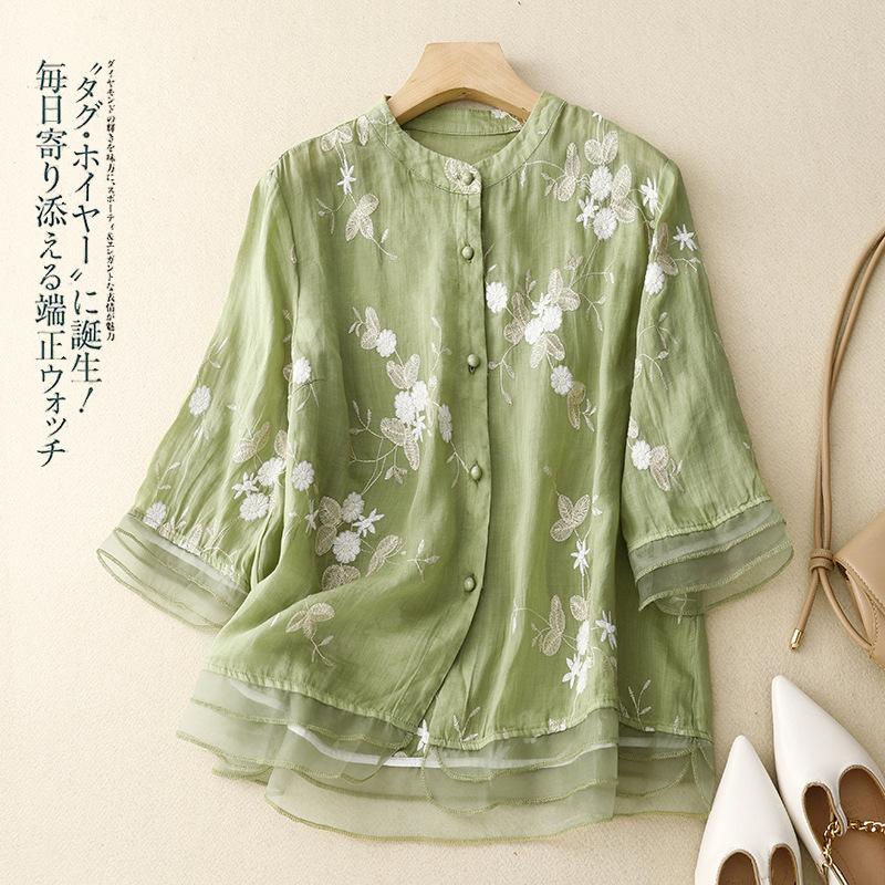 

Летние женские хлопковые льняные винтажные рубашки, женские вышитые блузки с круглым вырезом, свободные модные рубашки XXL зелёный
