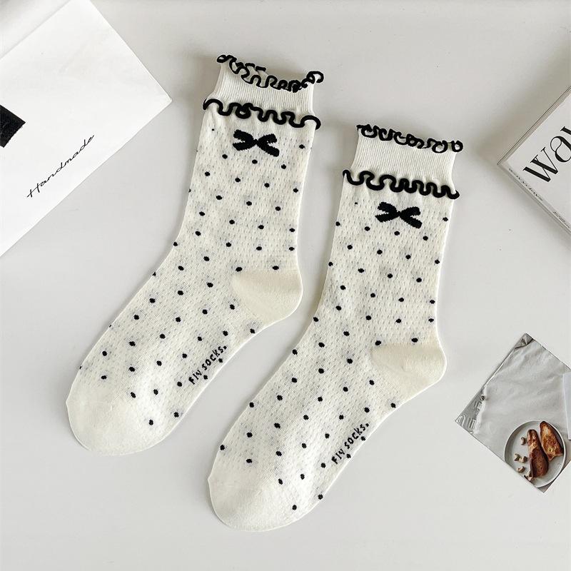 Three-Dimensional Curled Edge Polka Dot Bow Socks Female Internet Celebrity Ballet Girl Fungus Edge Pure Cotton Tube Socks One size fits all