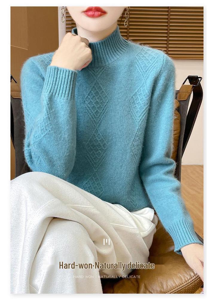 Ladies' Diamond Pattern High Neck Wool Knit Sweater - Thickened for Autumn/Winter