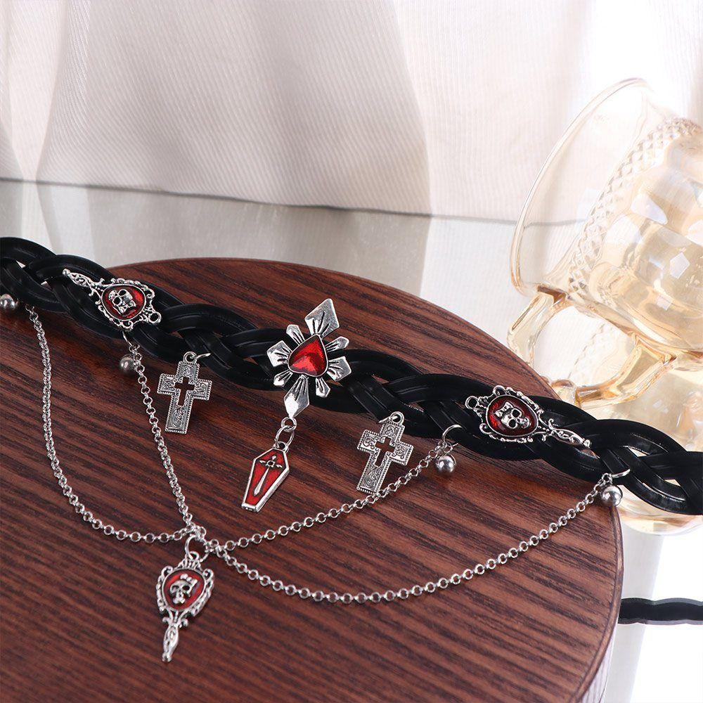 Punk Corss Halloween Skull Choker Skeleton Red Y2K Leather Necklace Gothic Imitation Pearl Tassel Beaded Necklace Unisex