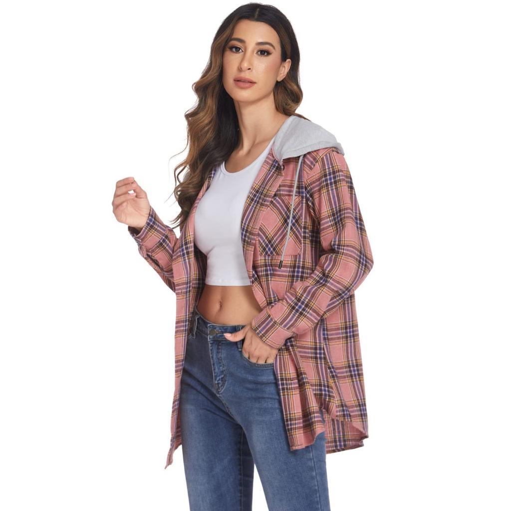 GMXIA Plaid Print Autumn Winter Women's Fall Winter Hoodie Breasted Casual Shirt Jackets & Coats