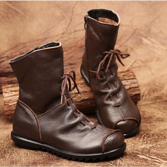 Dámské krátké kozačky z pravé kůže Plyš Retro Ležérní Podzim Zima Dámské Kozačky Voděodolné kožené teplé Sněhule