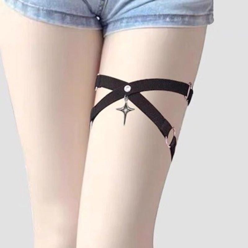 Womens Gothic Punk Elastic Thigh Garter Belt with Metal Star Pendant Leg Harness Straps Crisscross Bandages Leg Wraps